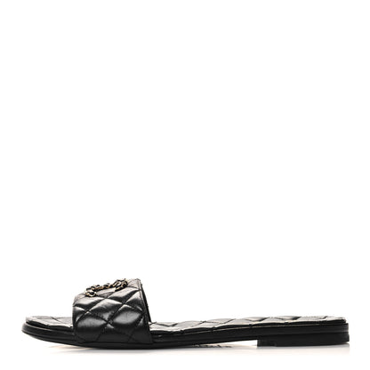 Chanel Shiny Goatskin Quilted CC Mules Sandals 39.5 Black 1 of 8
