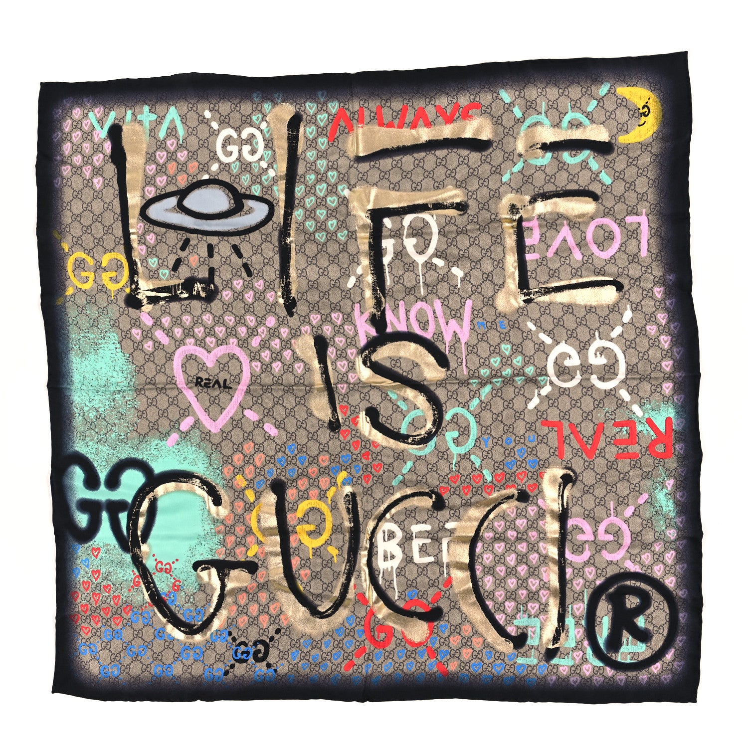 Gucci Silk Twill GG Monogram Life is Gucci Square Scarf Multicolor 1 of 3