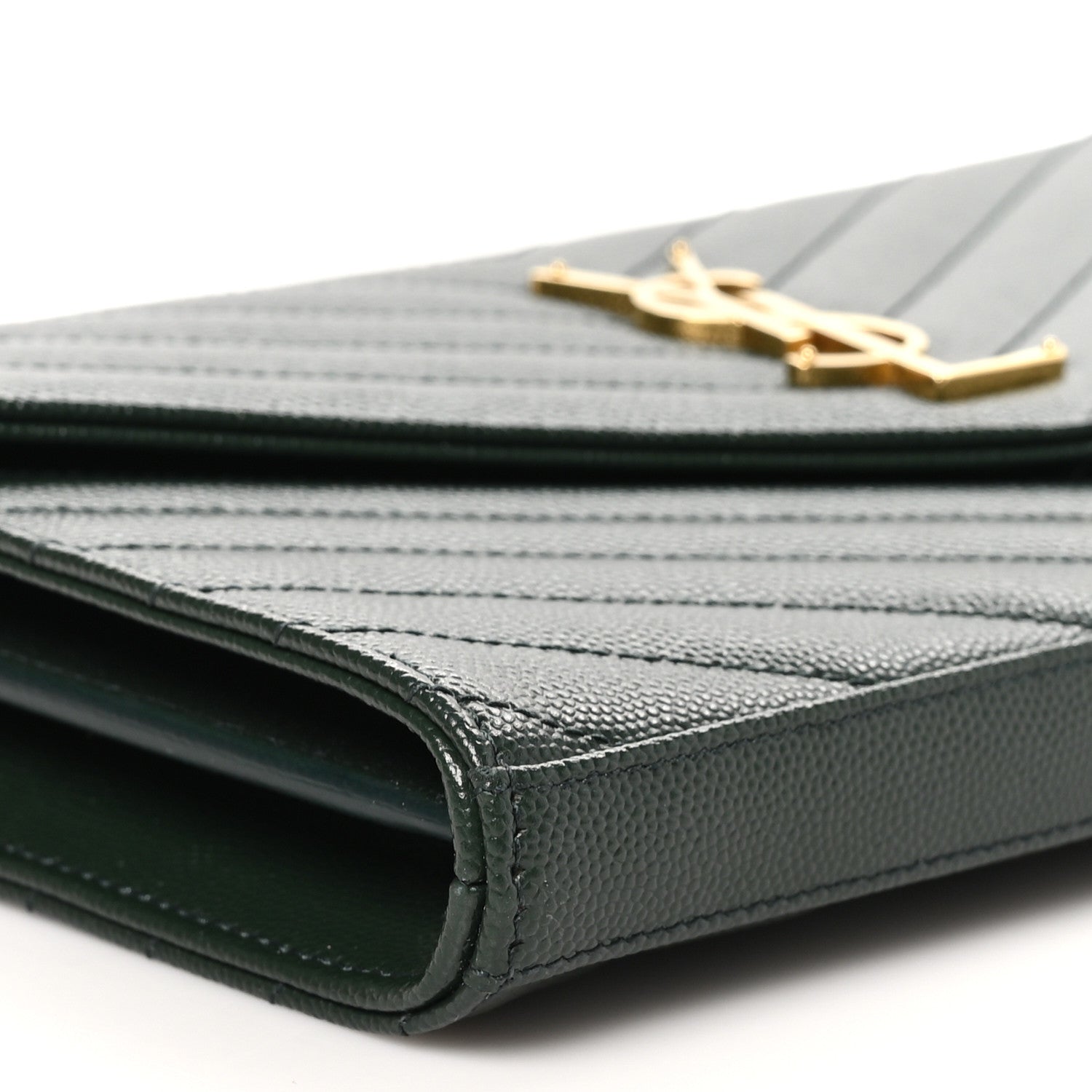 Saint Laurent Grain De Poudre Matelasse Chevron Monogram Chain Wallet Vert Fonce 9 of 11