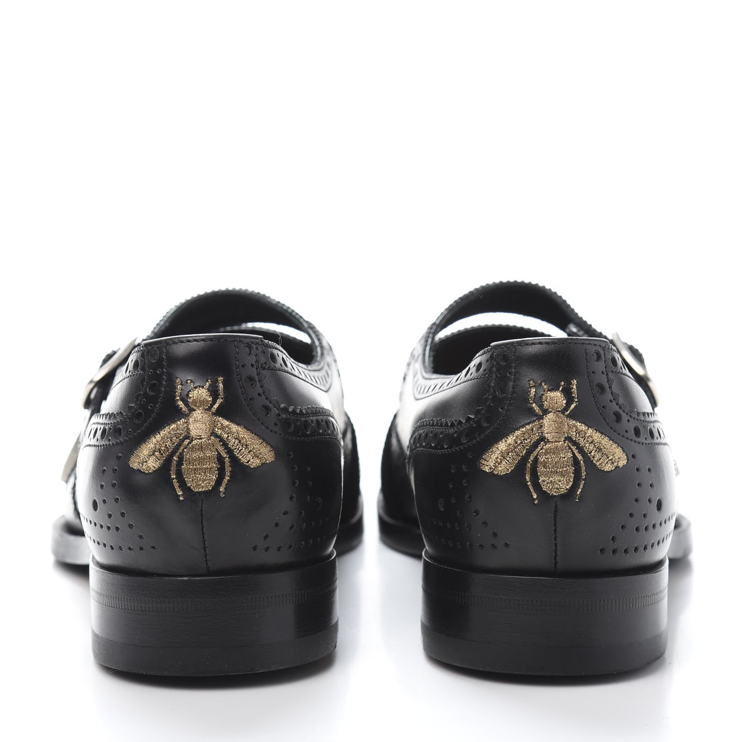 Gucci Calfskin Bee Embroidered Mens Queercore Brogue Wingtip Monk Strap Loafers 9 Black 5 of 10