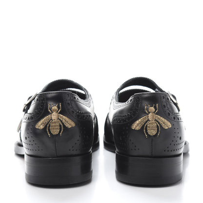 Gucci Calfskin Bee Embroidered Mens Queercore Brogue Wingtip Monk Strap Loafers 9 Black 5 of 10