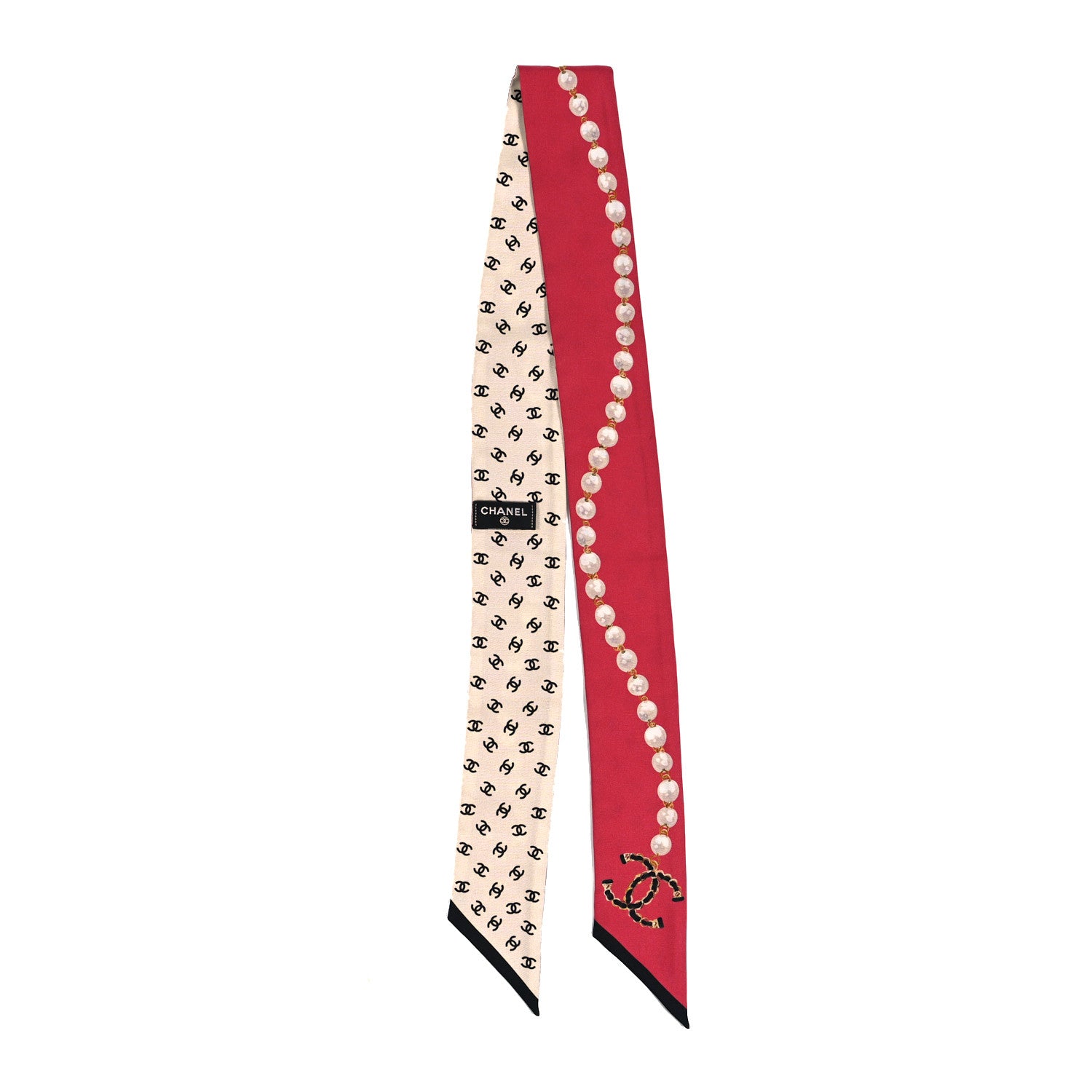 Chanel Silk Pearl CC Chain Slim Bandeau Scarf Red 2 of 4