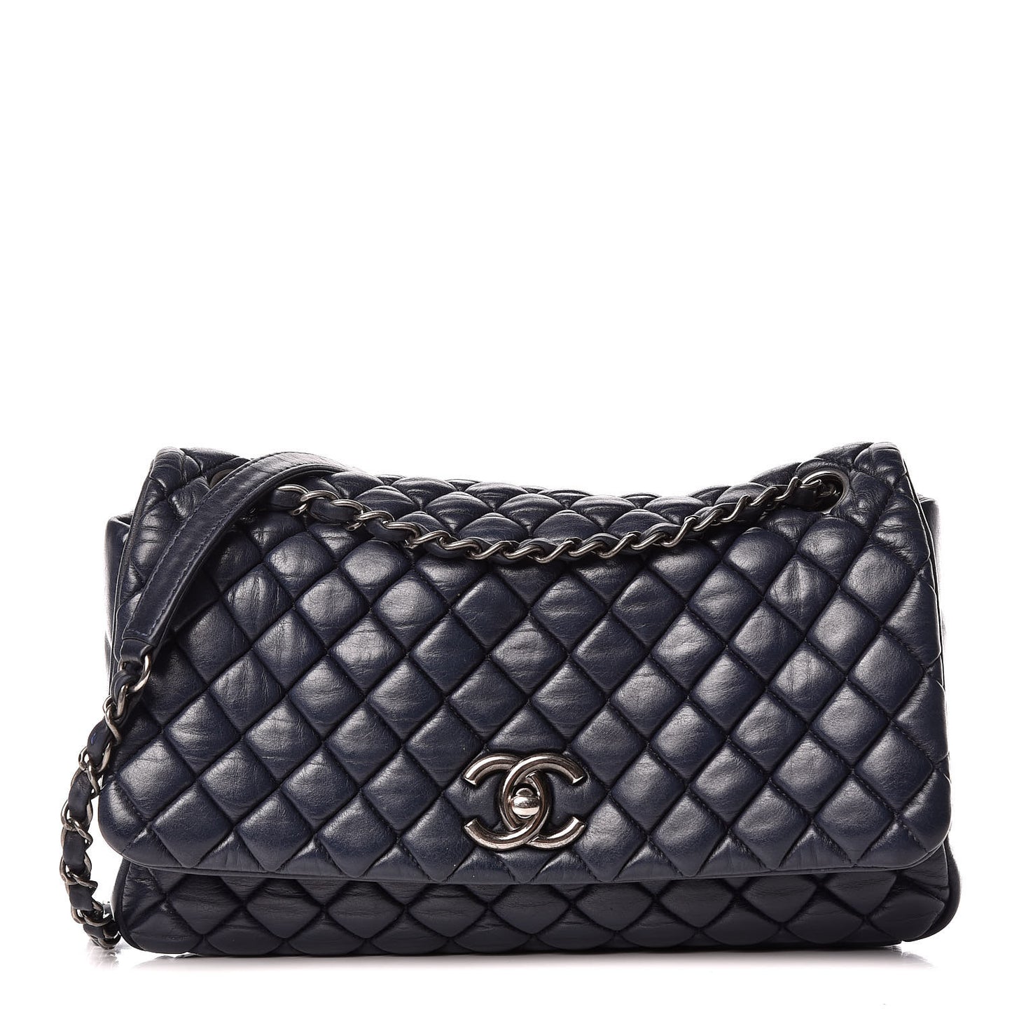 Iridescent Calfskin New Bubble Large Flap Navy