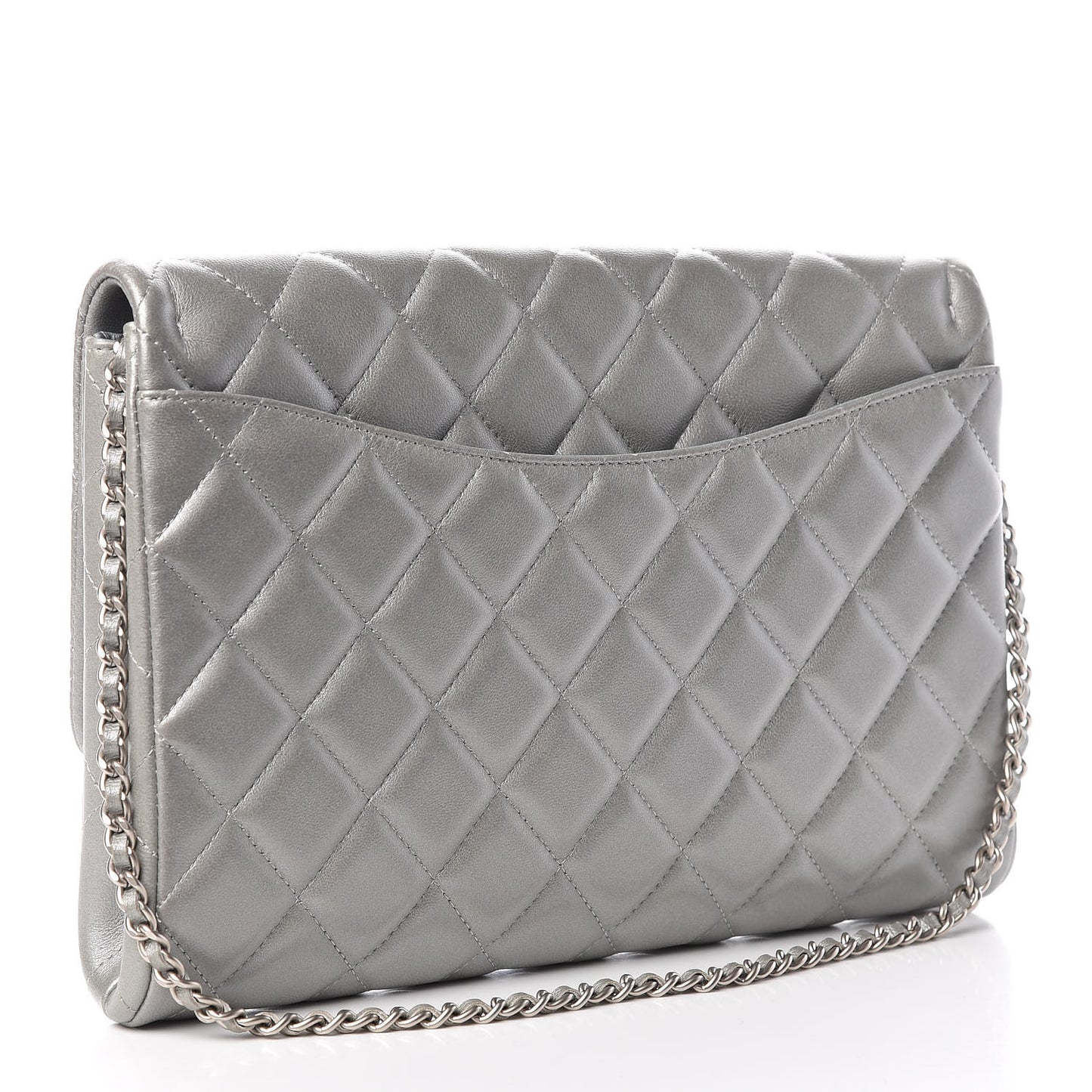 Metallic Lambskin Quilted Clutch With Chain Flap Dark Grey