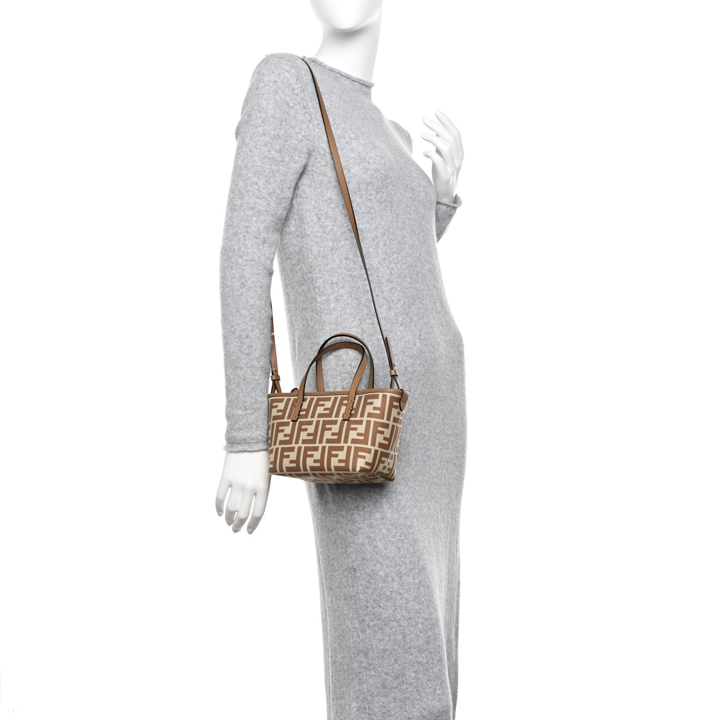 Fabric Calfskin FF Mini Roll Tote Beige Sand