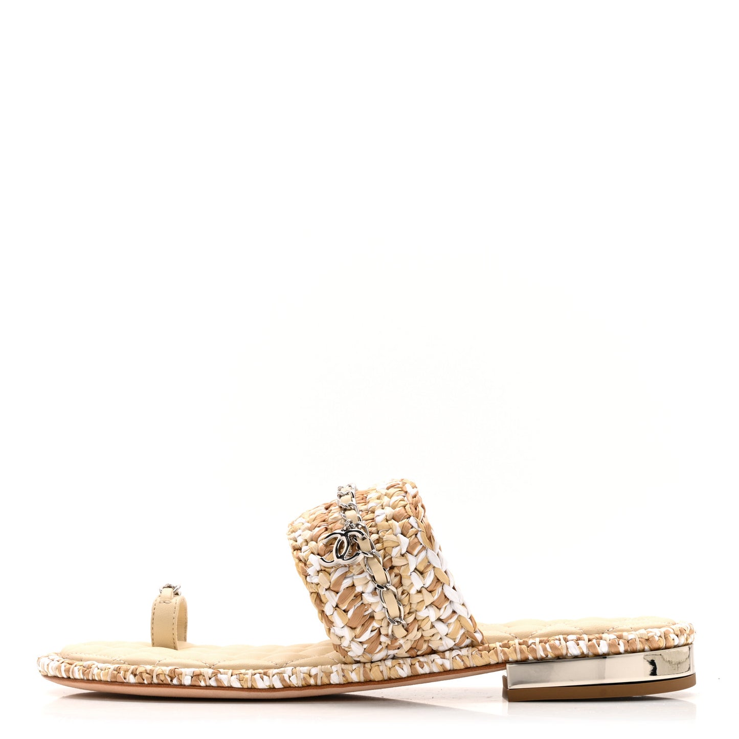 Raffia Lambskin Woven Chain CC Toe Ring Sandals 40 Beige White