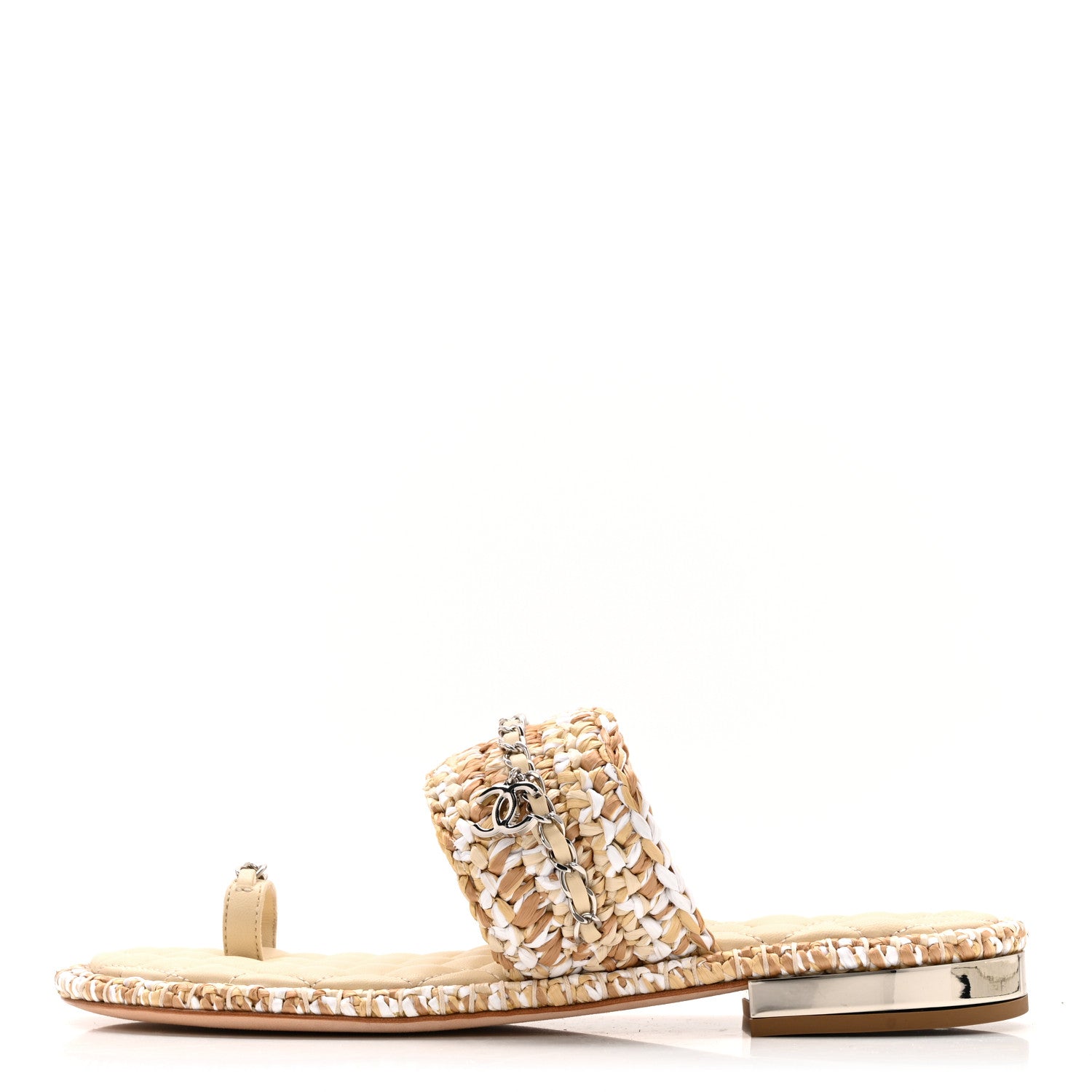 Chanel Raffia Lambskin Woven Chain CC Toe Ring Sandals 40 Beige White 1 of 10