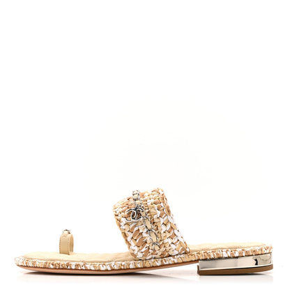 Chanel Raffia Lambskin Woven Chain CC Toe Ring Sandals 40 Beige White 1 of 10