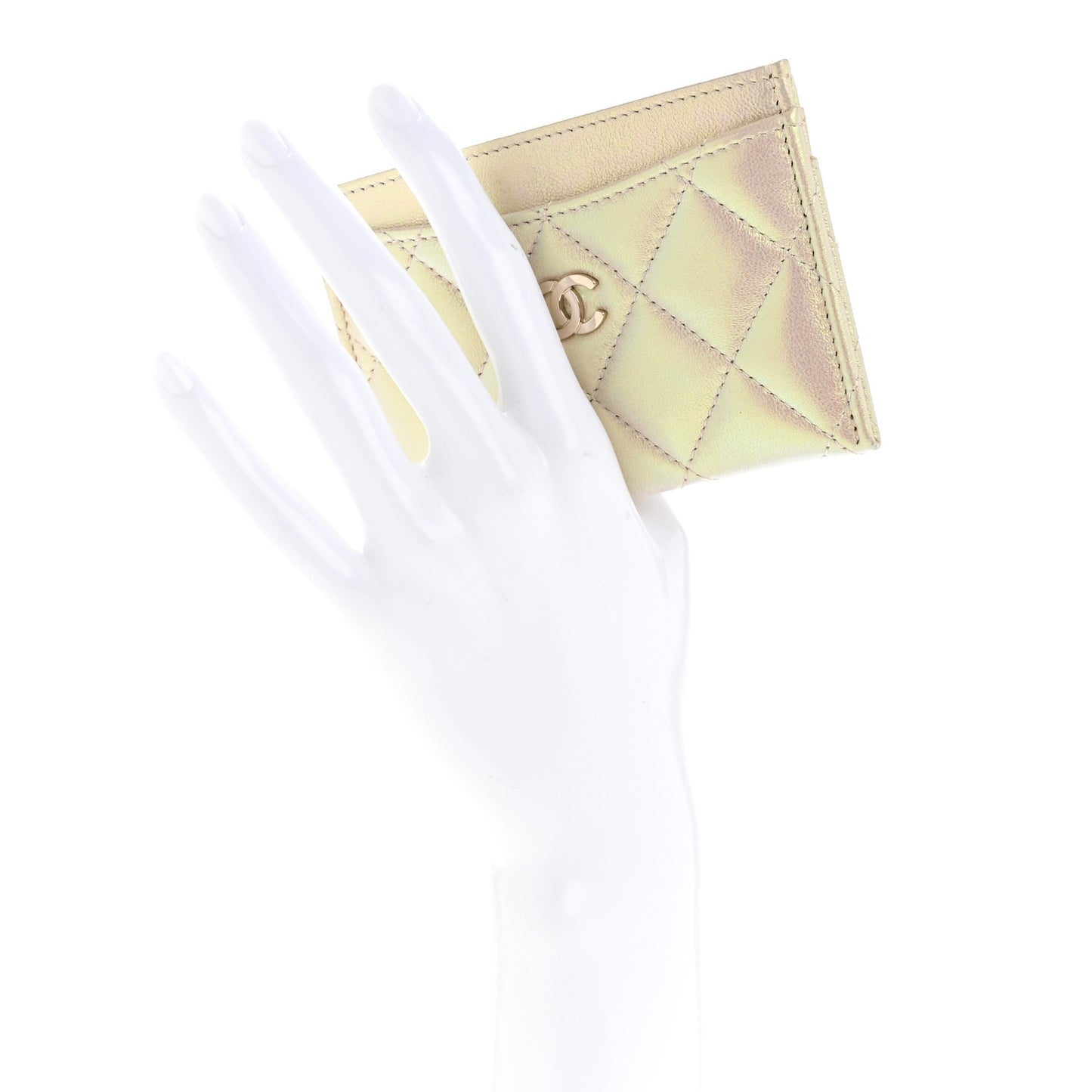 Iridescent Lambskin Quilted Card Holder Ivory