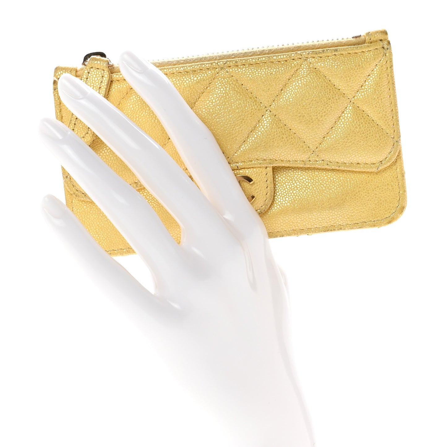 Iridescent Caviar Quilted Flap Zip Card Holder Yellow