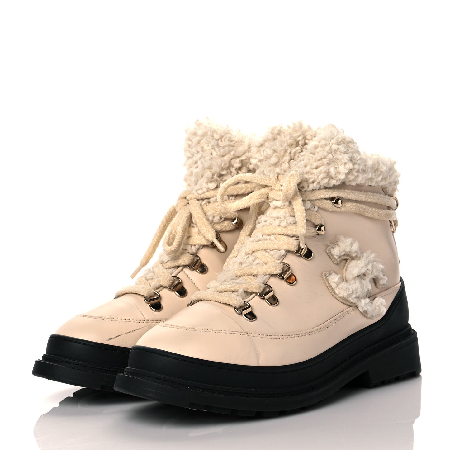 Calfskin Shearling CC Lace Up Boots 38 Light Beige Ivory