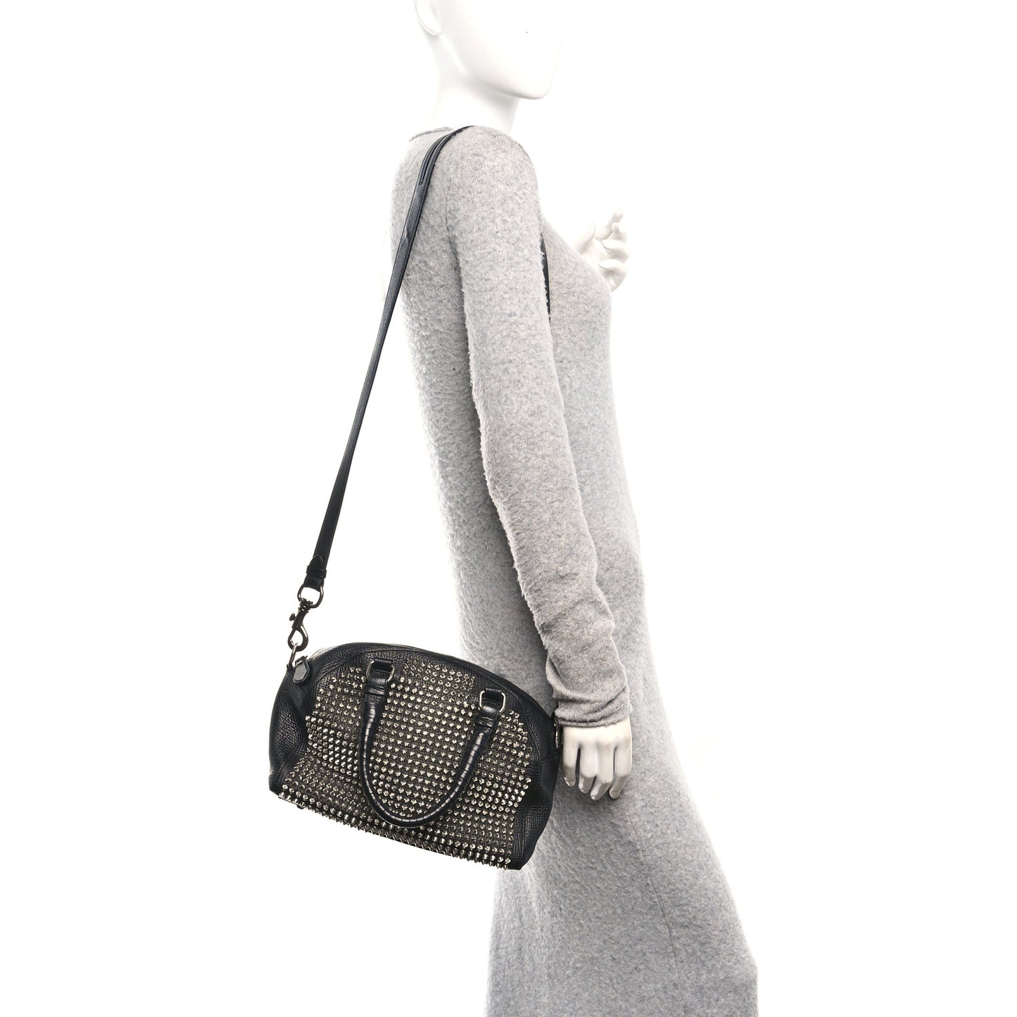 Grained Calfskin Studded Panettone Bowling Bag Black