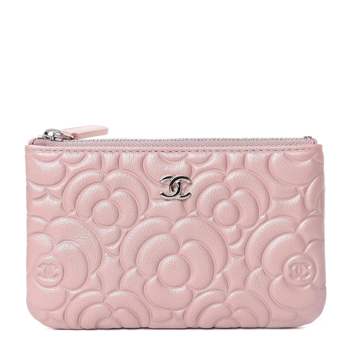 Goatskin Camellia Embossed Cosmetic Pouch Light Pink
