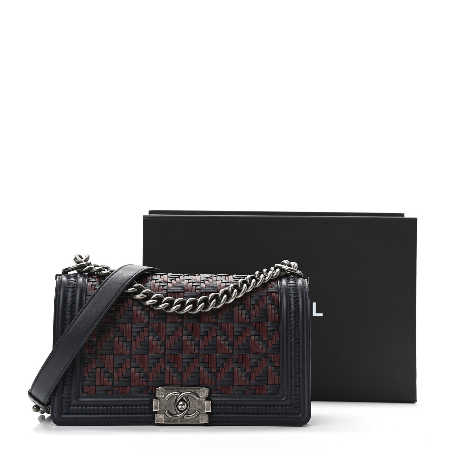 Calfskin Woven Medium Boy Flap Blue Burgundy