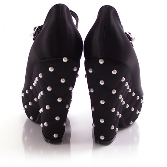 Chanel Satin Quilted Pearl Platform Heels 3 of 6
