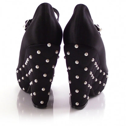 Chanel Satin Quilted Pearl Platform Heels 3 of 6