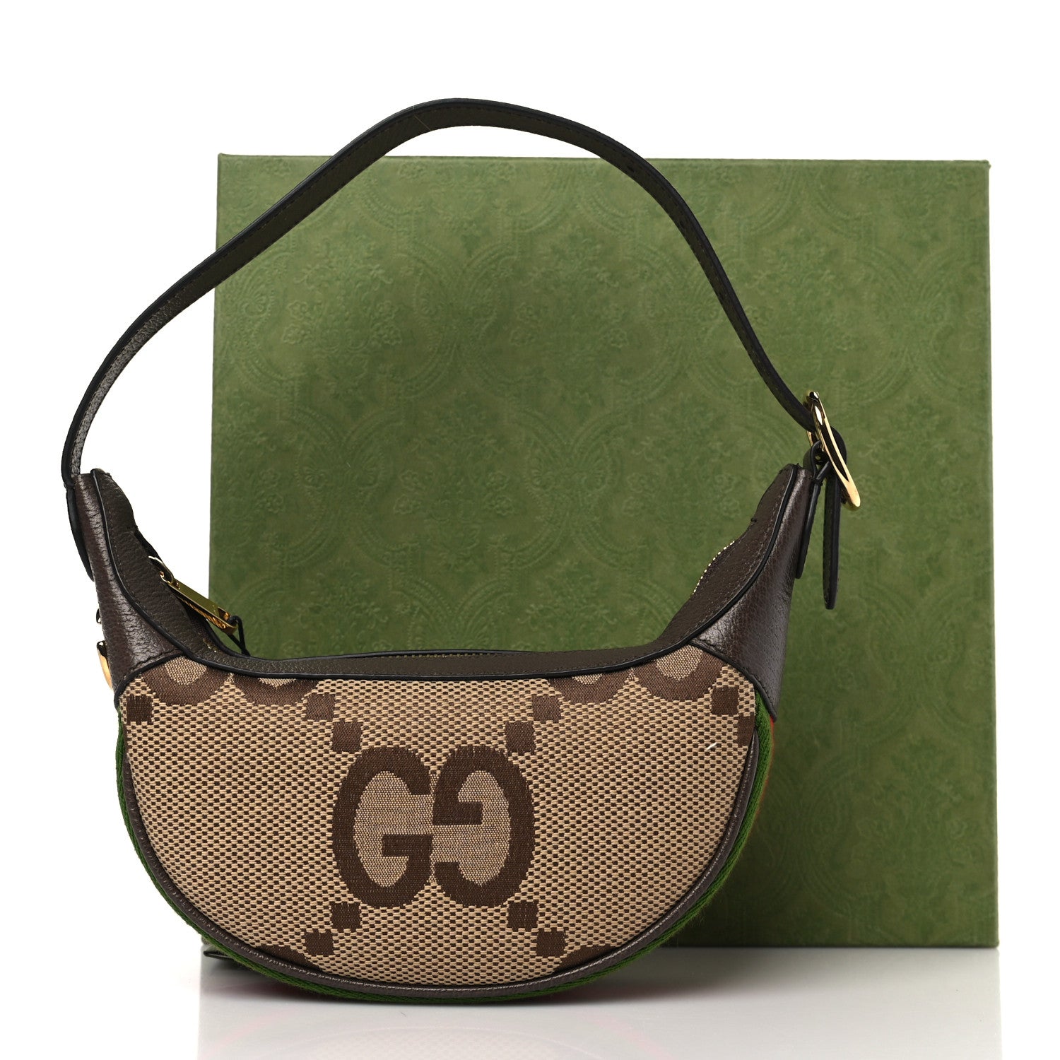 Gucci Monogram Jumbo GG Textured Dollar Calfskin Web Mini Ophidia Half Moon Hobo Camel Ebony New Acero 10 of 10