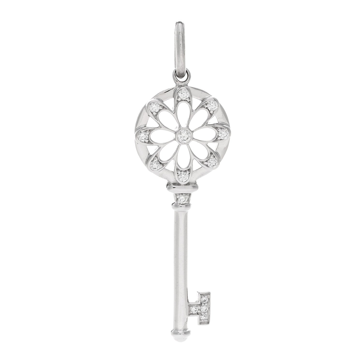 Tiffany 18K White Gold Diamond Floral Key Pendant 1 of 3