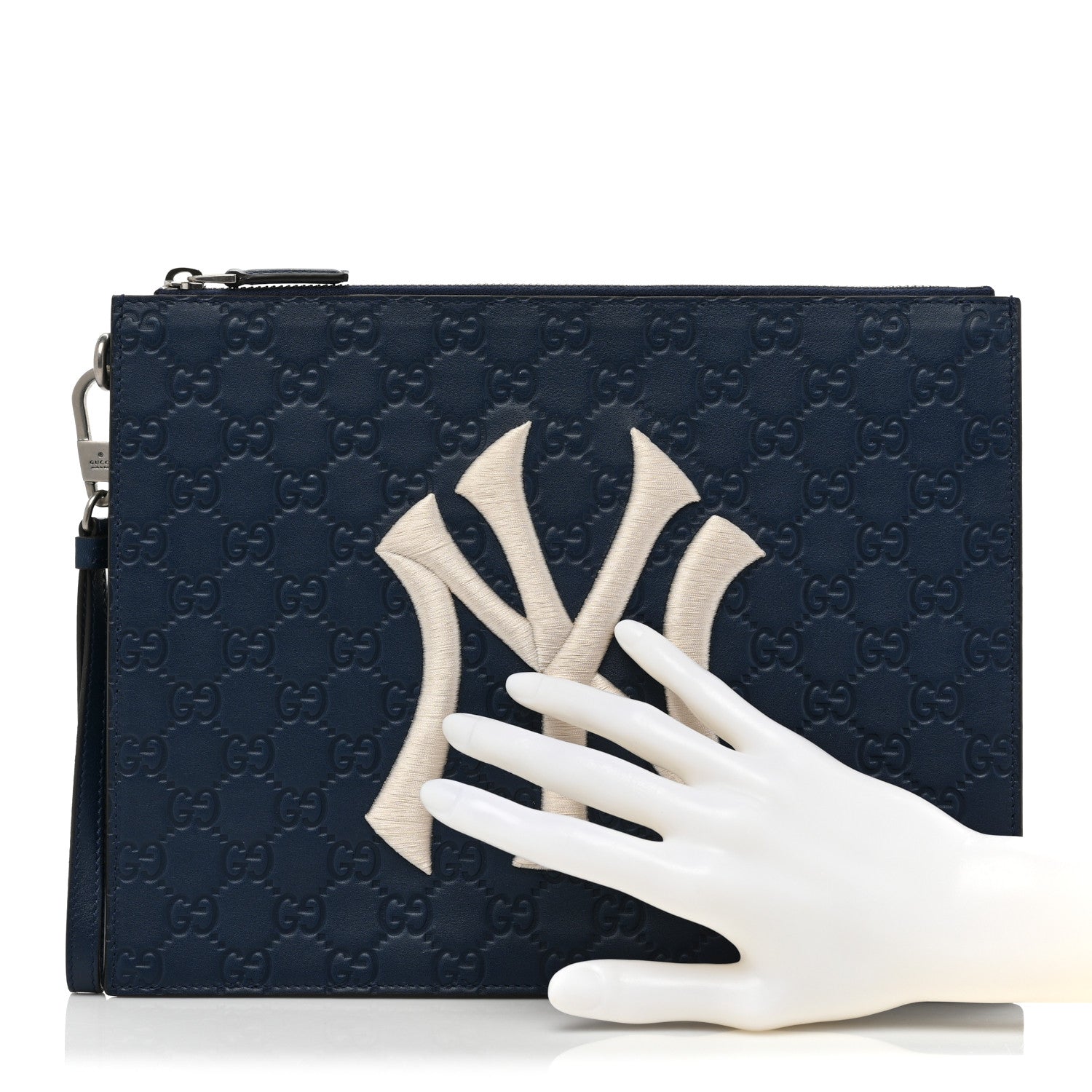 Gucci X MLB Guccissima NY Yankees Zip Wristlet Pouch Royale Ivory 2 of 13