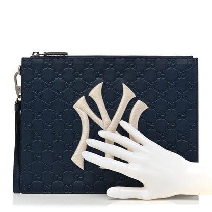Gucci X MLB Guccissima NY Yankees Zip Wristlet Pouch Royale Ivory 2 of 13