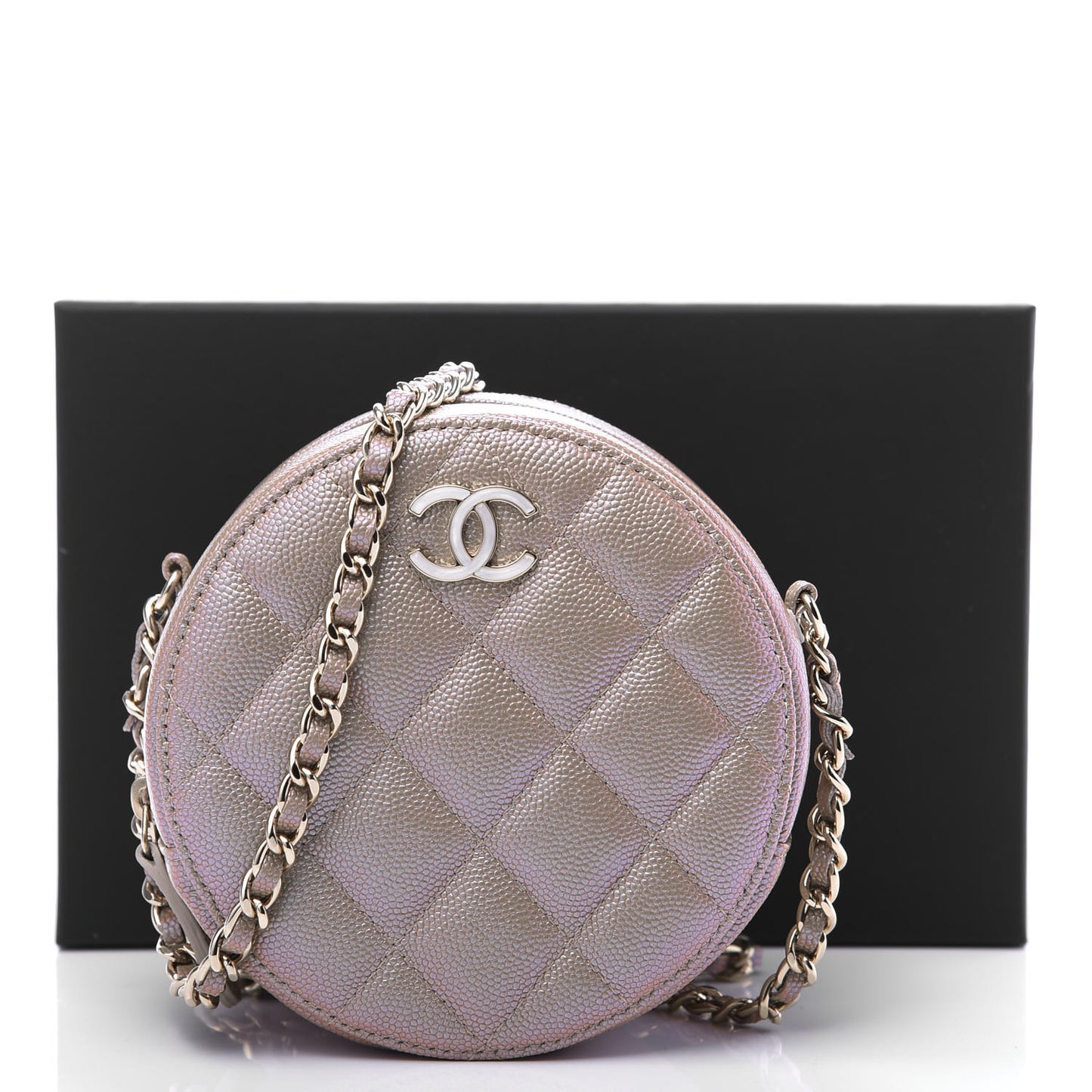 Iridescent Caviar Quilted Round Clutch With Chain Beige