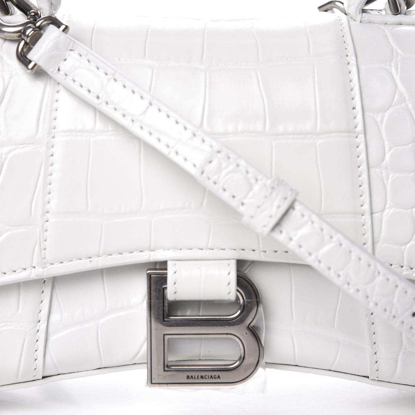 Shiny Calfskin Crocodile Embossed Hourglass Top Handle Bag XS White