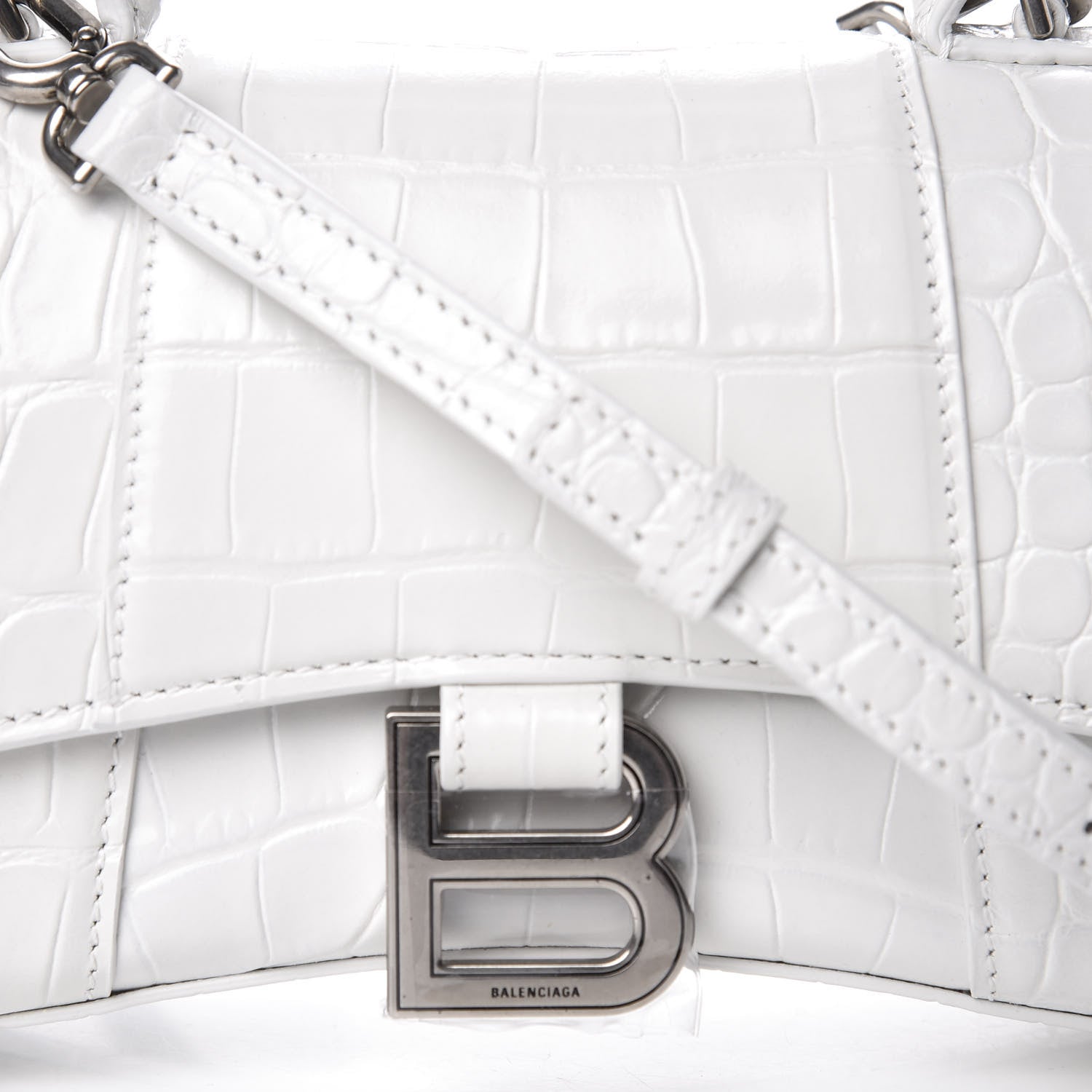 Balenciaga Shiny Calfskin Crocodile Embossed Hourglass Top Handle Bag XS White 8 of 8