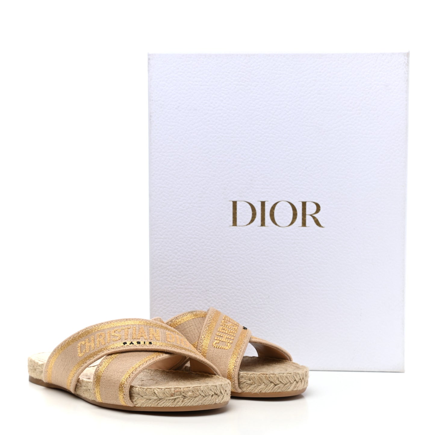 Canvas Embroidered Granville Espadrille Crisscross Flat Slide Sandals 37.5 Gold