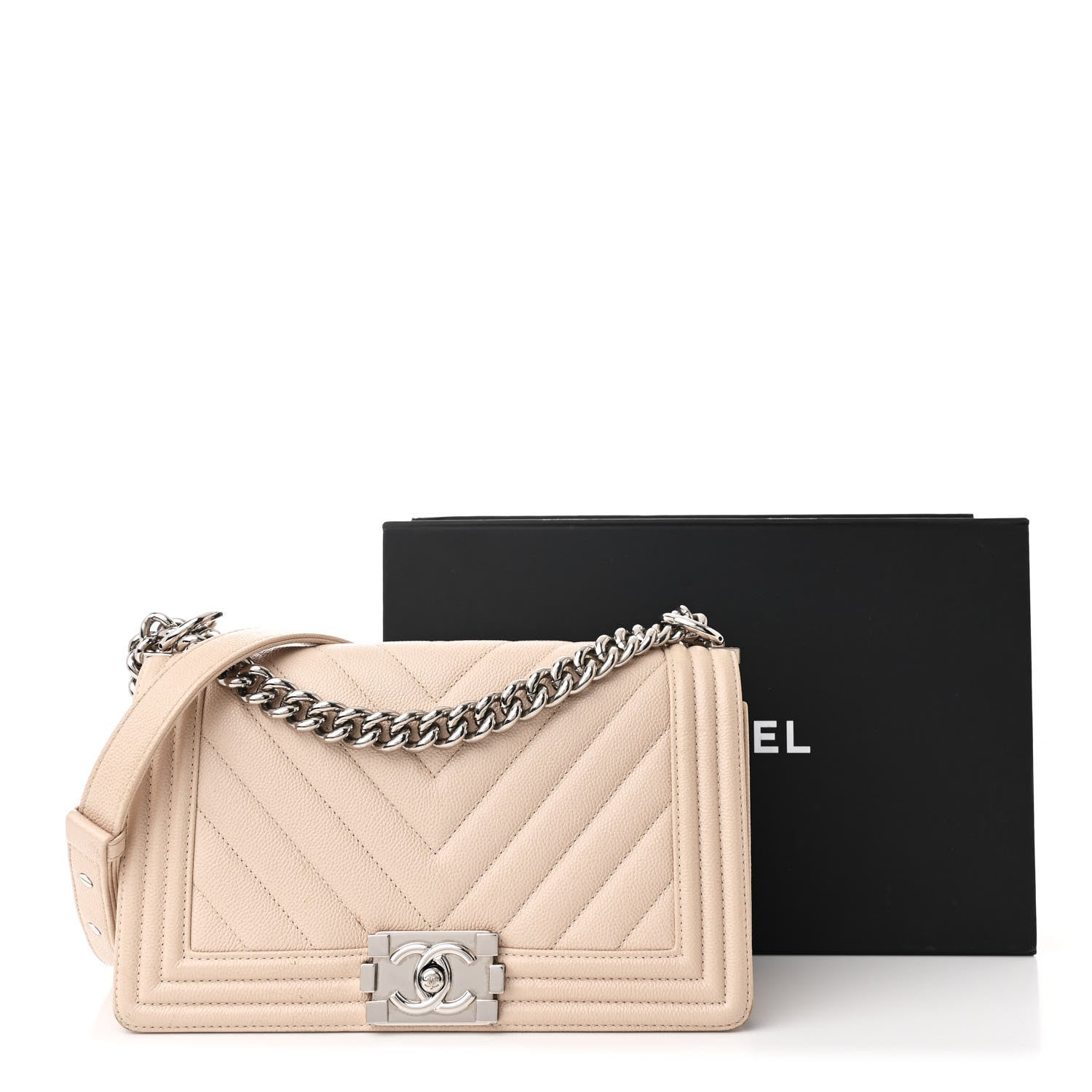 Chanel Caviar Chevron Quilted Medium Boy Flap Light Beige 12 of 12