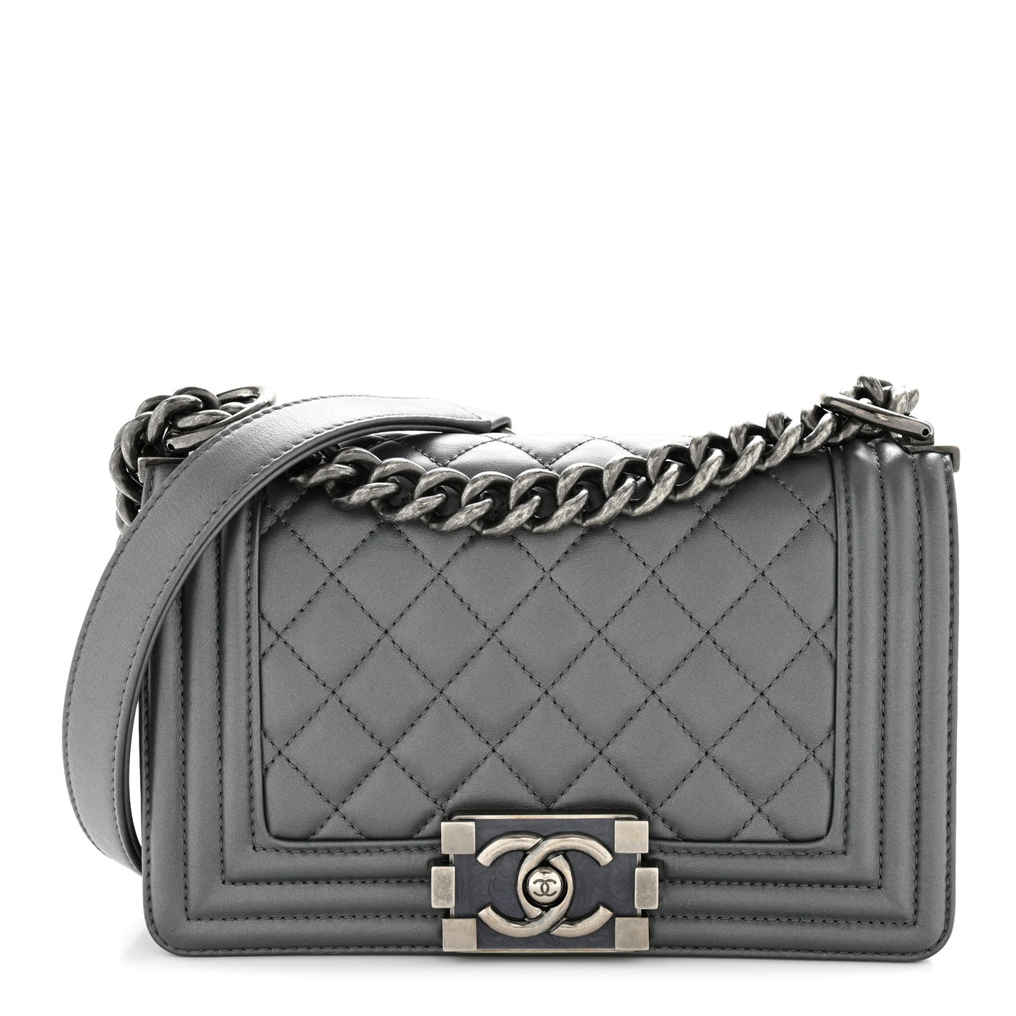 Metallic Calfskin Quilted Small Boy Flap Dark Silver