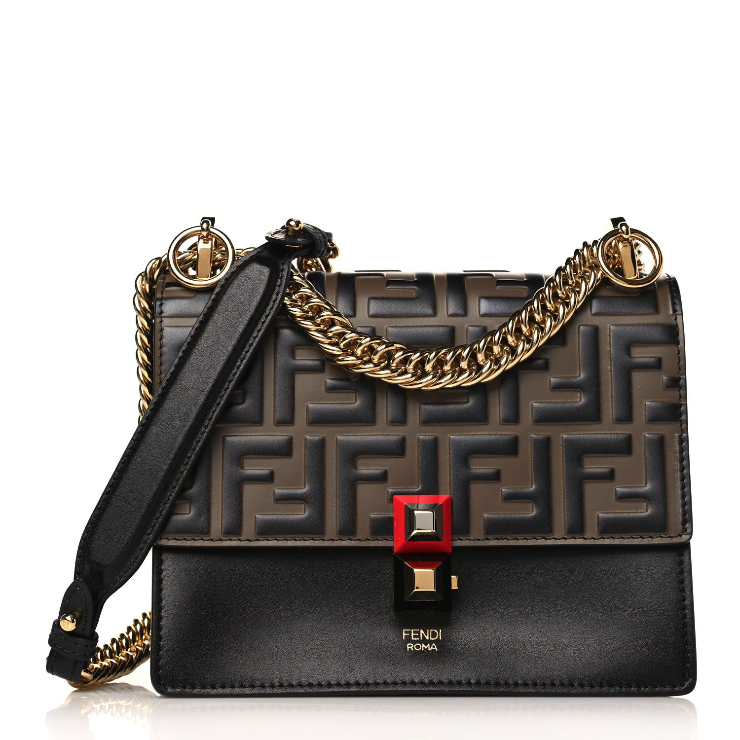 Fendi Vitello Liberty Bi-Color FF 1974 Embossed Small Kan I Shoulder Bag Black Maya 1 of 9