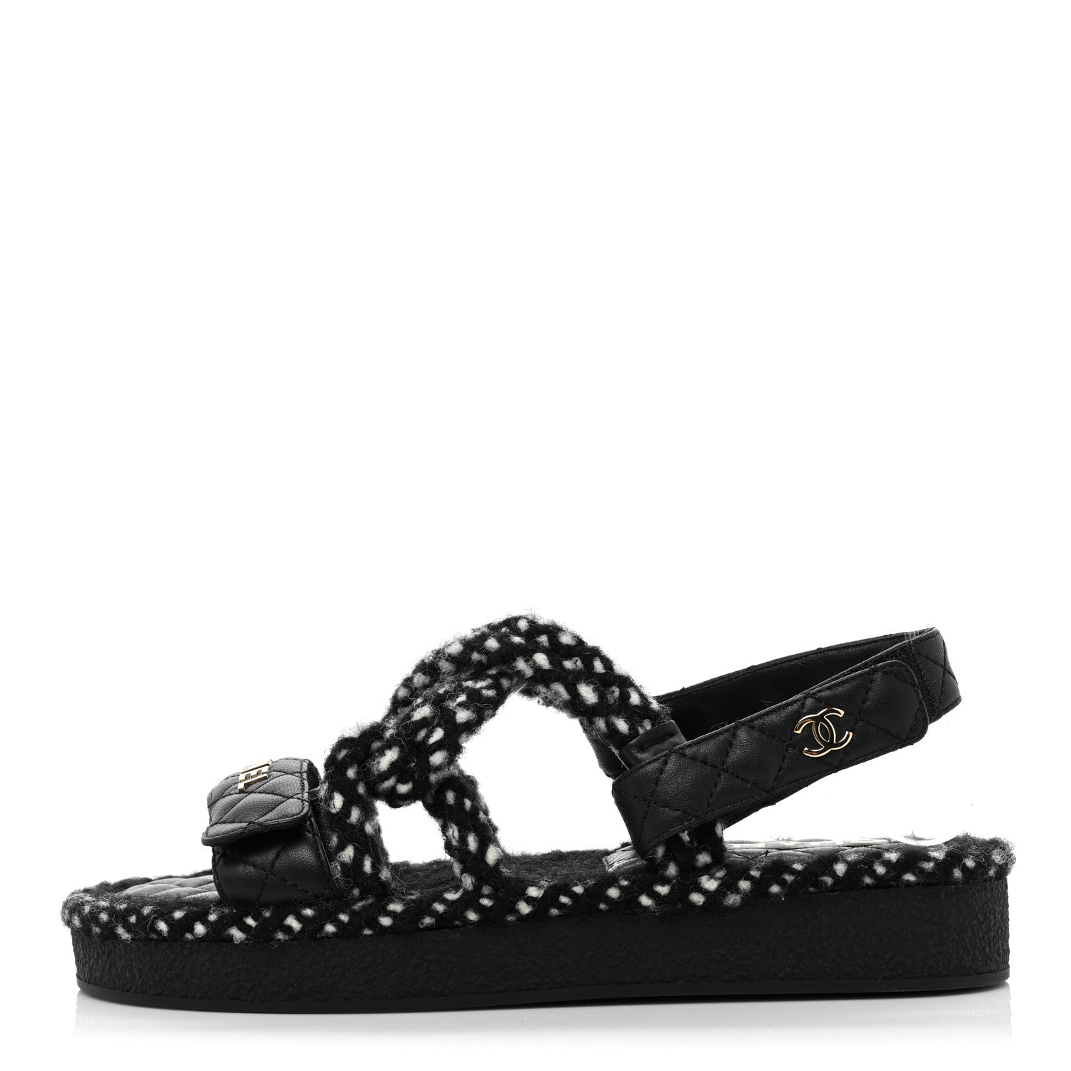 Chanel Cord Lambskin Quilted Logo Sandals 37 Black White 1 of 8