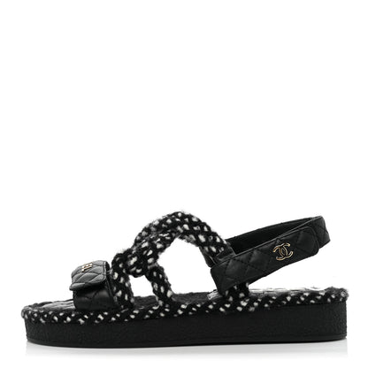 Chanel Cord Lambskin Quilted Logo Sandals 37 Black White 1 of 8