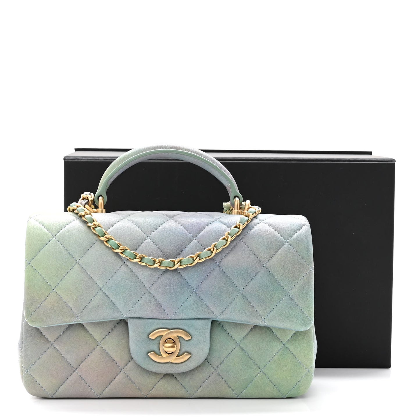 Lambskin Quilted Ombre Mini Top Handle Rectangular Flap Blue Green