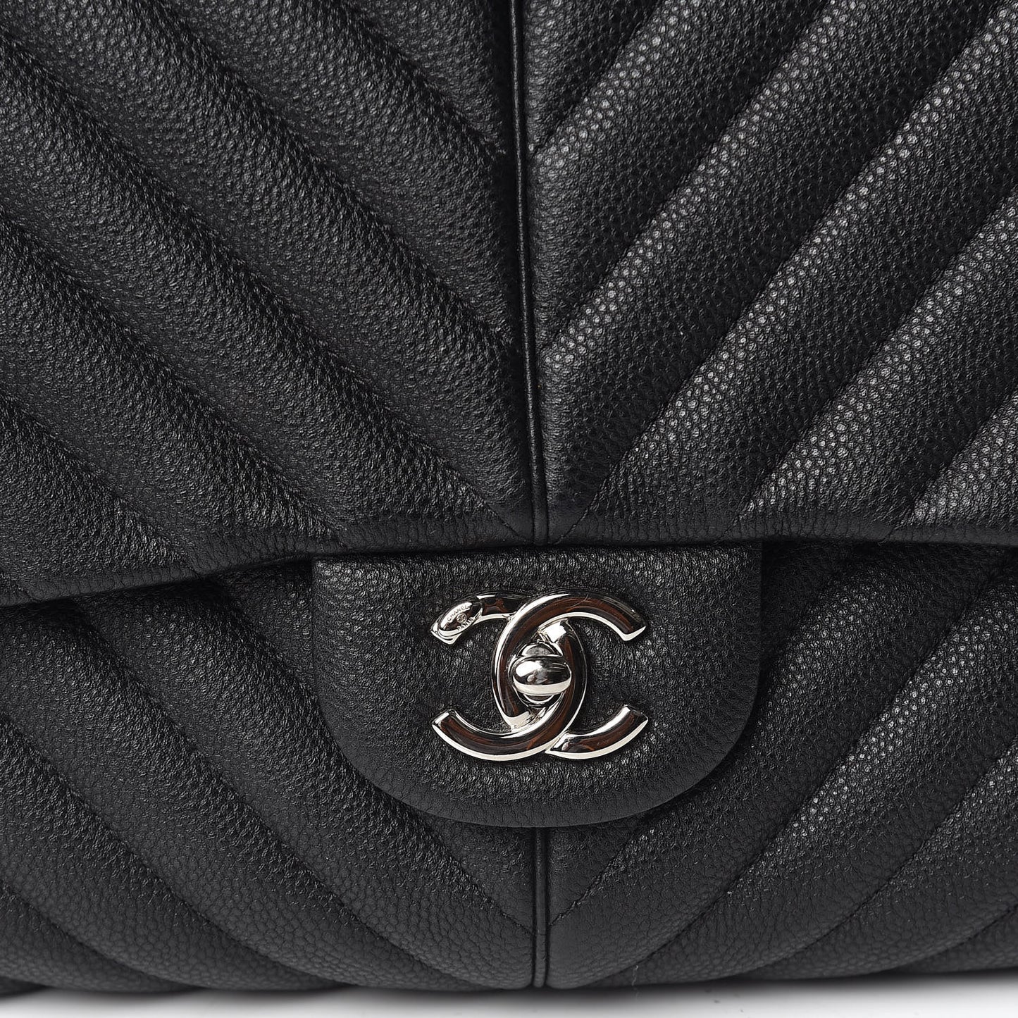 Caviar Chevron Quilted Large Puffy CC Flap Black
