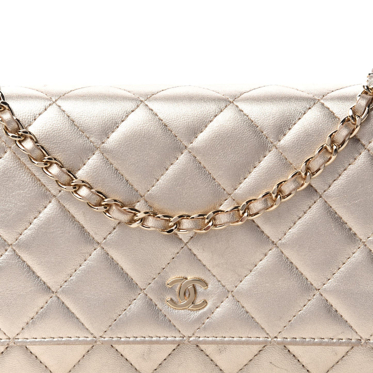 Metallic Lambskin Quilted Wallet On Chain WOC Gold