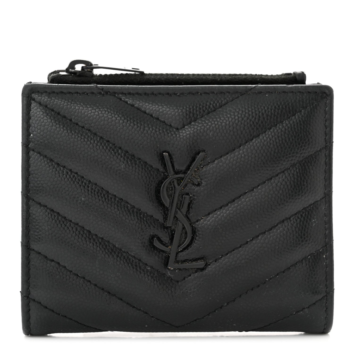 Saint Laurent Grain De Poudre Matelasse Chevron Monogram Zipped Card Case Black 1 of 12