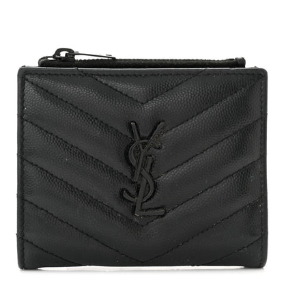 Saint Laurent Grain De Poudre Matelasse Chevron Monogram Zipped Card Case Black 1 of 12