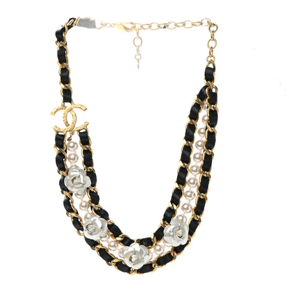 Chanel Calfskin Pearl Chain 90's Camellia CC Choker Necklace Gold Black 3 of 7