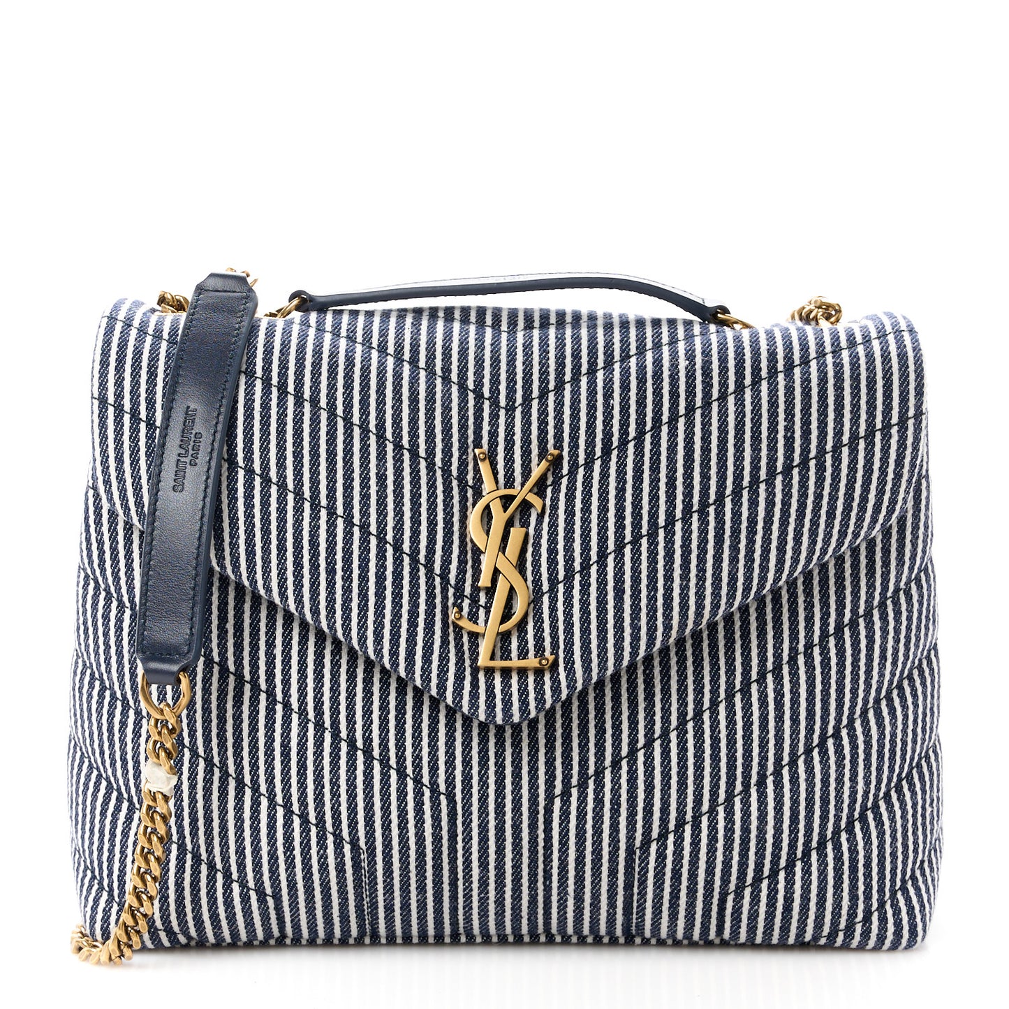 Striped Denim Y Quilted Monogram Small Loulou Chain Satchel Marine Vintage White