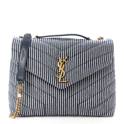 Saint Laurent Striped Denim Y Quilted Monogram Small Loulou Chain Satchel Marine Vintage White 1 of 12