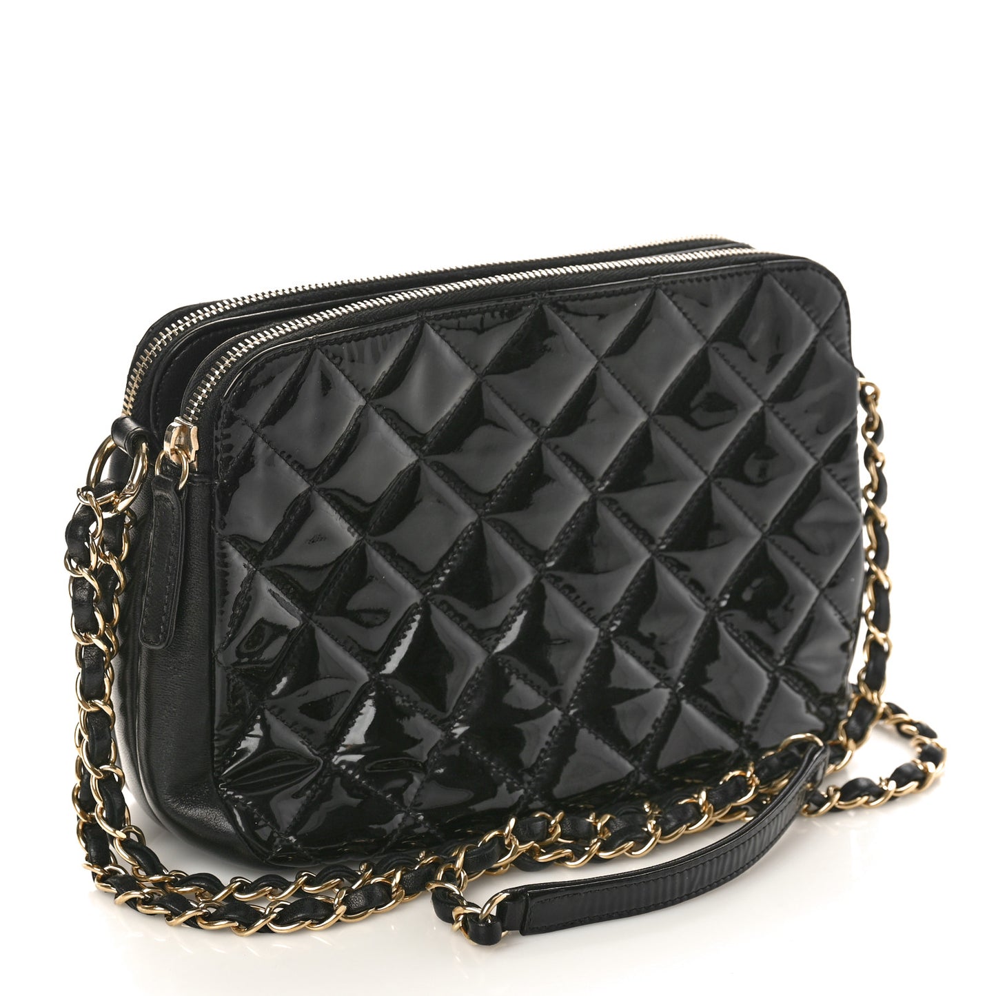 Patent Quilted Crown CC Double Zip Shoulder Bag Black
