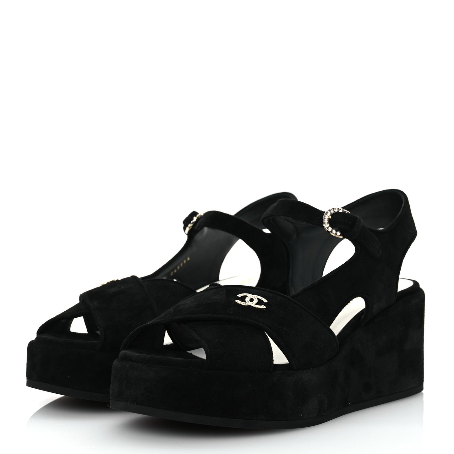 Suede Calfskin Peep Toe Wedge Sandals 40.5 Black