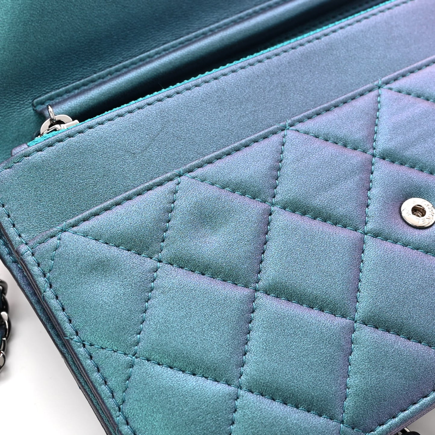 Iridescent Lambskin Quilted Wallet On Chain WOC Turquoise