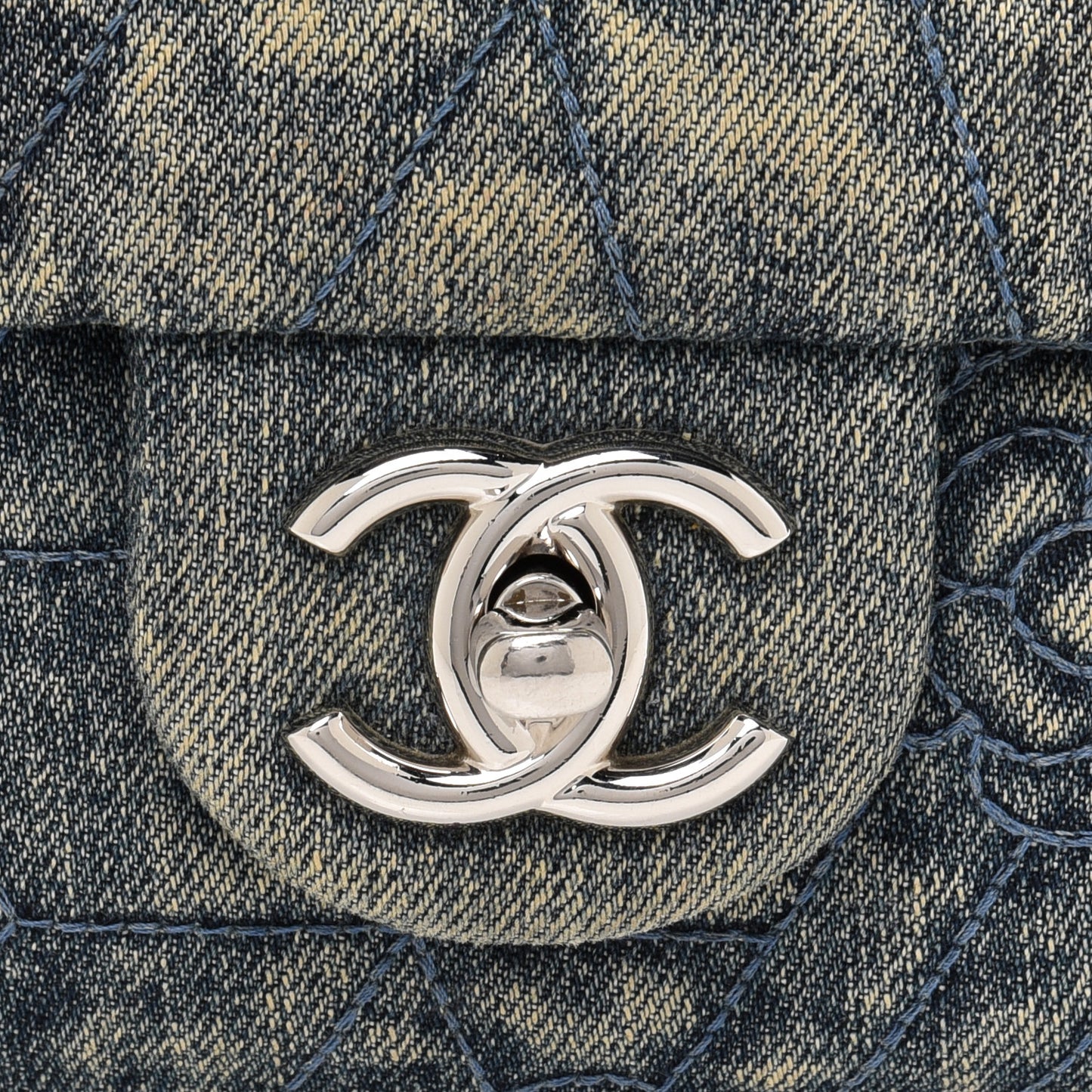 Denim Quilted Camellia Embroidered Medium Flap Blue