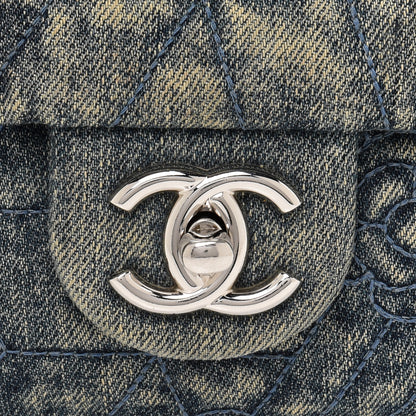Chanel Denim Quilted Camellia Embroidered Medium Flap Blue 8 of 14