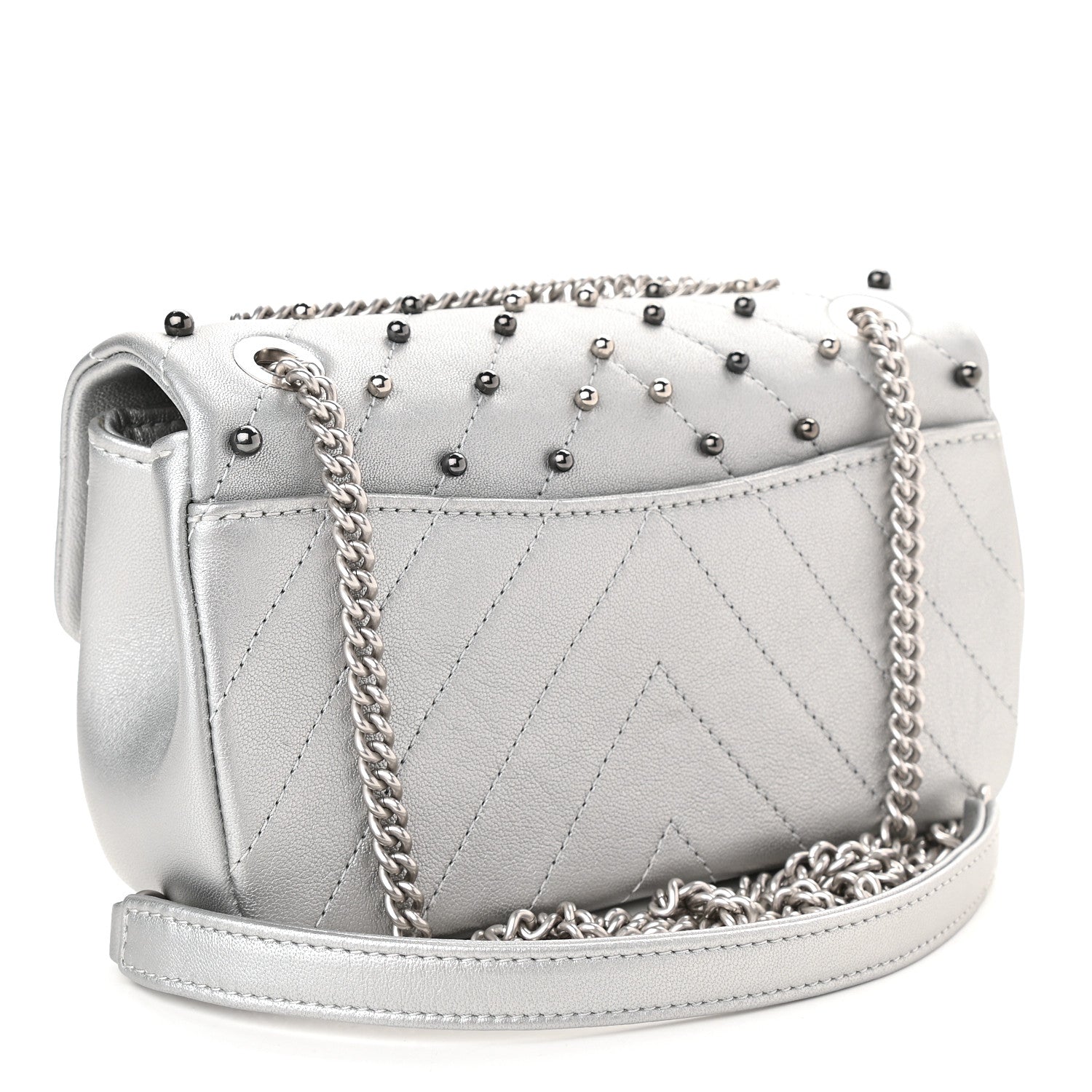 Chanel Metallic Lambskin Chevron Quilted Studded Mini Rectangular Flap Silver 3 of 10