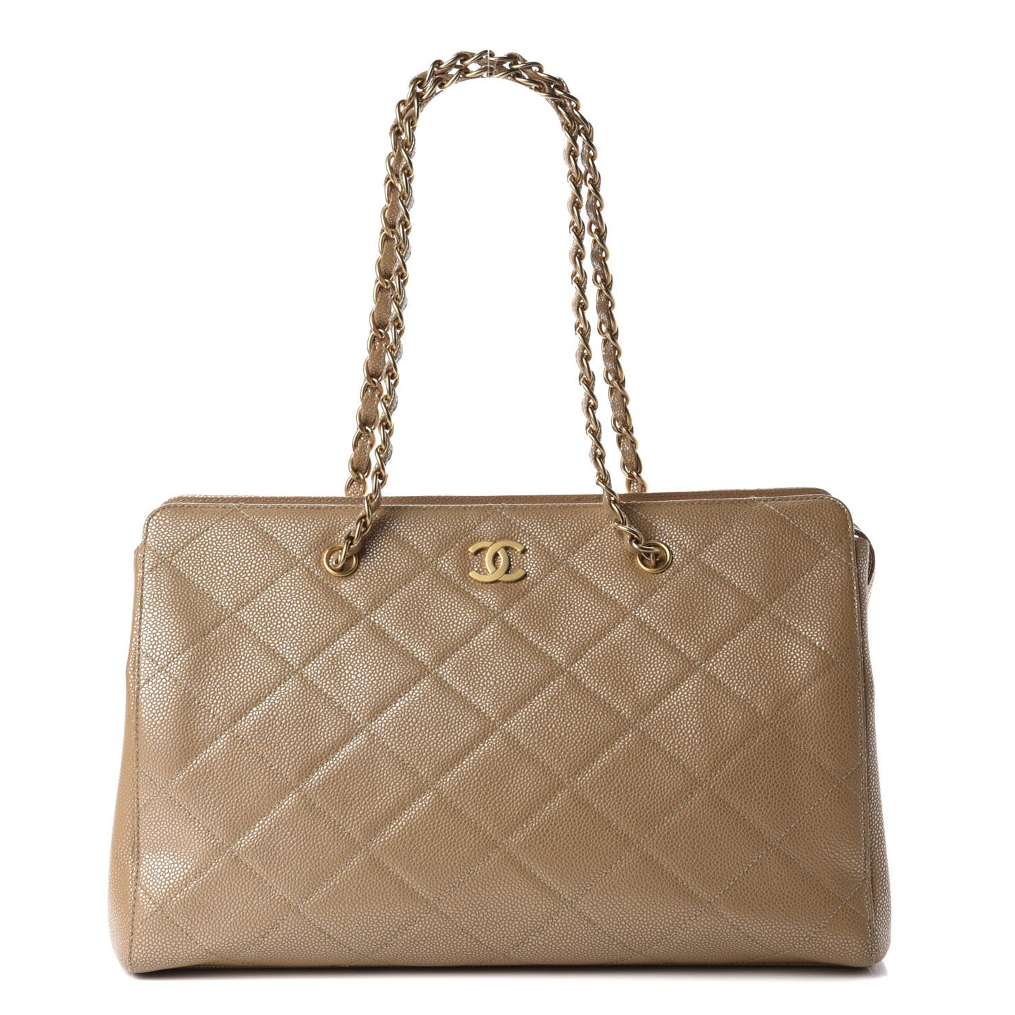 Metallic Caviar Quilted Shopping Tote Beige
