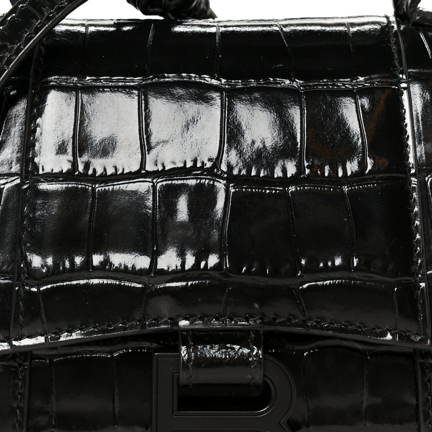 Shiny Calfskin Monochrome Crocodile Embossed Hourglass Top Handle Bag XS Black