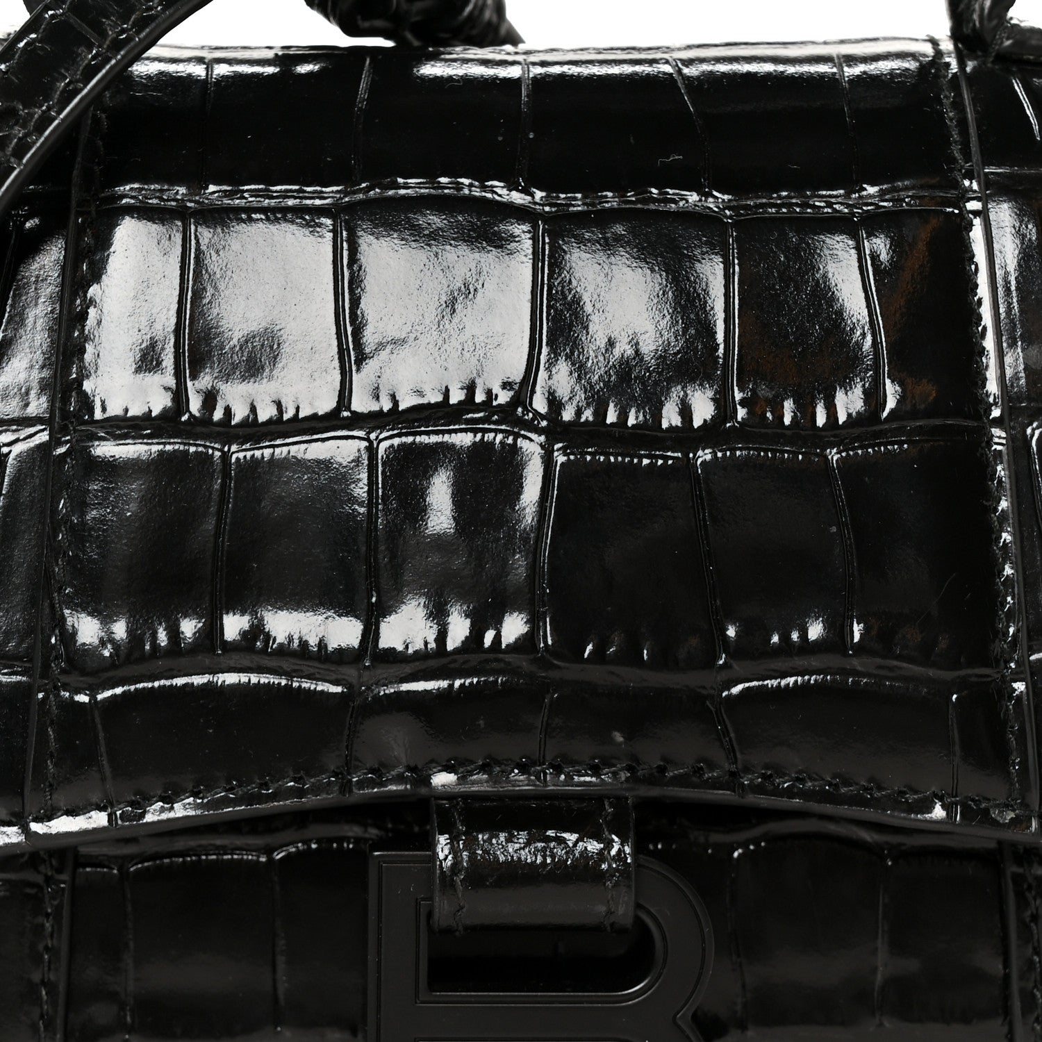 Balenciaga Shiny Calfskin Monochrome Crocodile Embossed Hourglass Top Handle Bag XS Black 9 of 11
